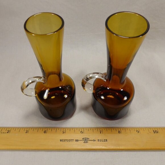 2 Vintage MCM Hand-Blown Amber Glass Miniature Pitchers Cruets Bud Vase Vases - Picture 8 of 8